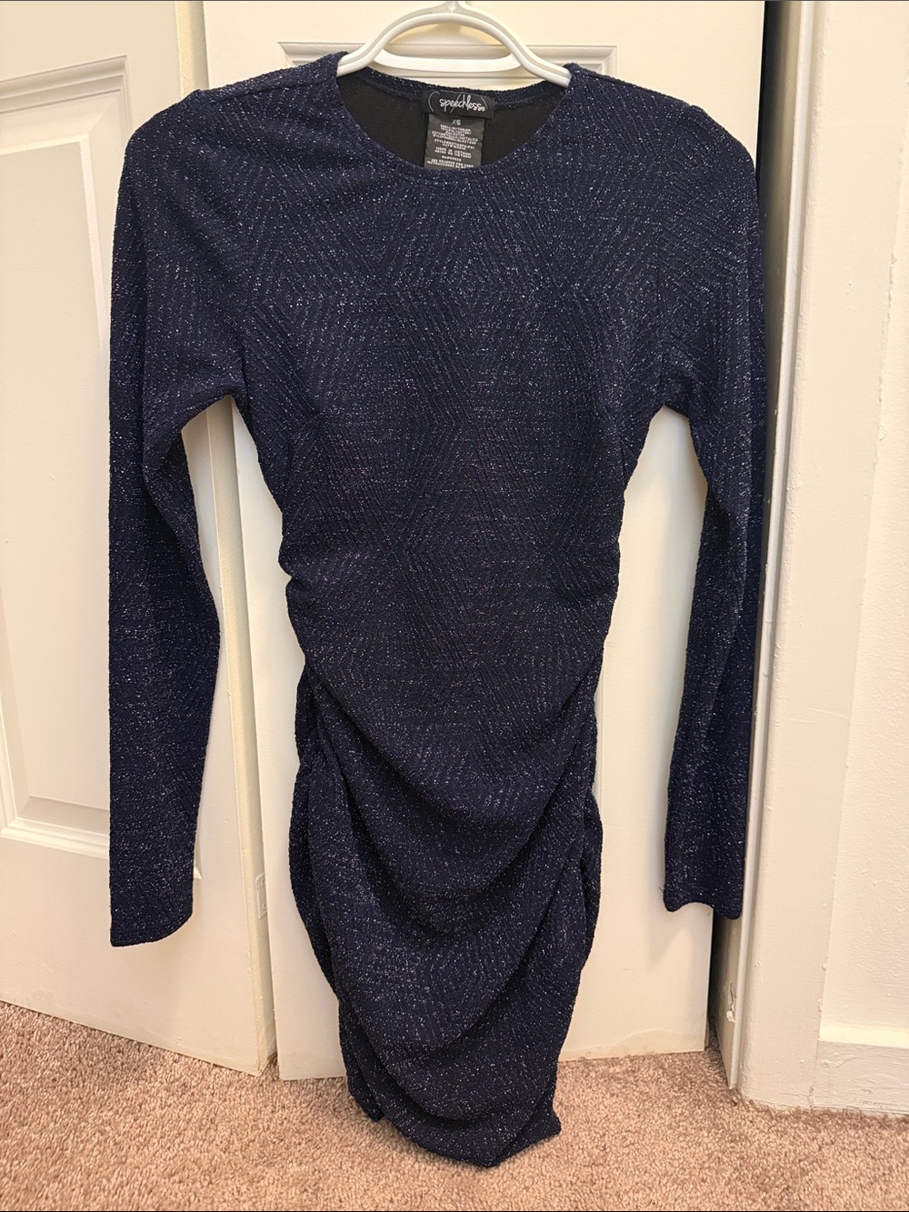 Speechless Navy Sparkle Long-Sleeve Ruched Bodycon Dress